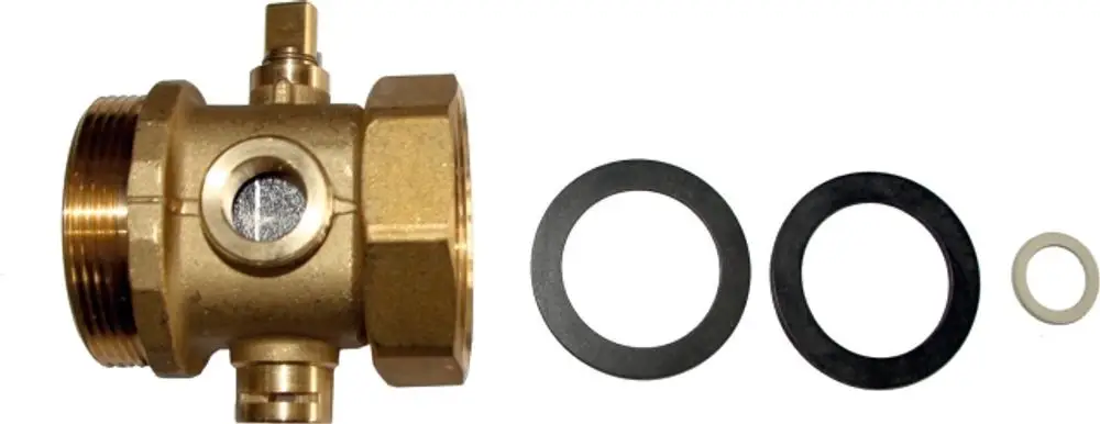 Brass valve with three openings and accompanying seals, designed for plumbing applications, suitable for Wolf systems.